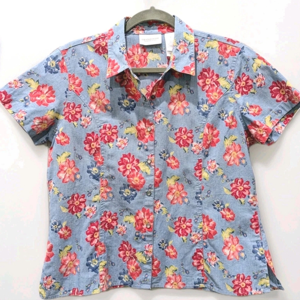 Lizwear Womens Floral Western Chambray‎ Top Size Medium Pearl Snap Grandma 80s